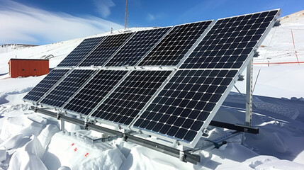 Solar panel installed on snowy surface, capturing sunlight to generate electricity efficiently even in winter conditions