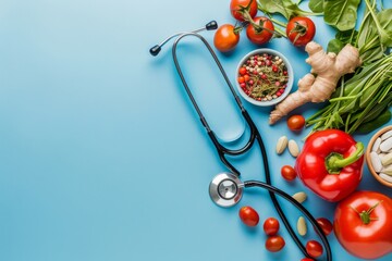 Natural dietary medicine with healthy food and stethoscope on blue background. Top view. Horizontal...