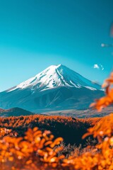 Mtfuji  tallest volcano in tokyo, japan with snow capped peak, autumn red trees, nature landscape