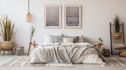A bedroom with a white bed and a grey blanket. The bed is surrounded by a rug and a few potted plants. The room has a minimalist and clean look, with a few decorative elements like the potted plants