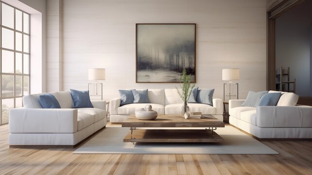 Living room with white sofas, light oak and steel blue distressed hardwoods.