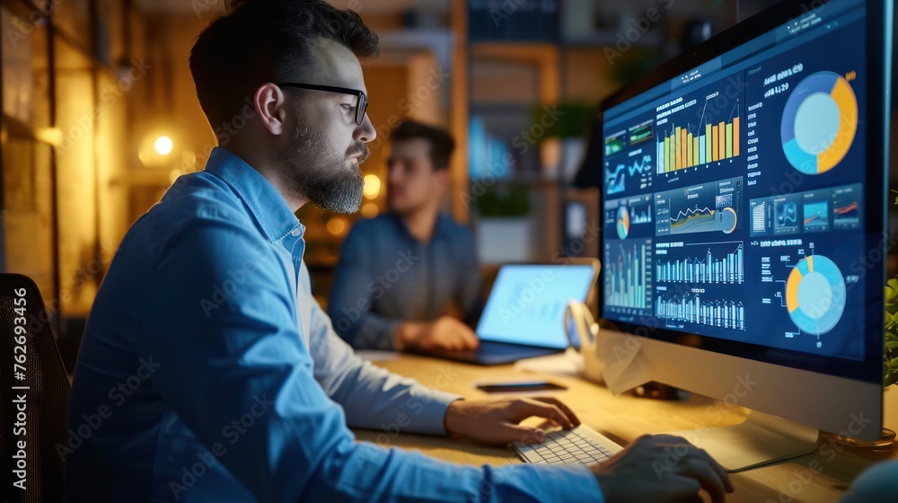 Poster man analyzing financial data on computer monitor generative ai