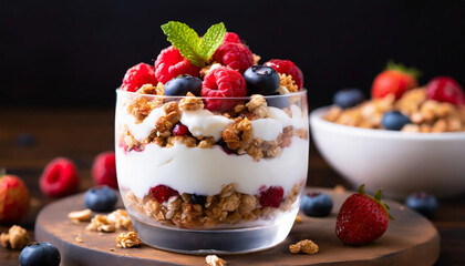 Food Photography - Greek Yogurt Parfait with Granola and Mixed Berries