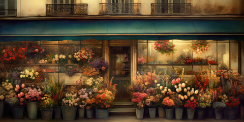 Fototapeta na wymiar Flower shop in Paris, France. Flower store, watercolor in Vintage style. Beautiful Floral Background for Greeting Card or banner design in romantic style