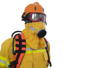 Bombeiro equipado com equipamentos de segurança contra incêndio e fumaça toxica. png recortado
