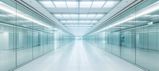 Obraz premium Sleek white floor and glass wall in contemporary office interior design for a modern workspace