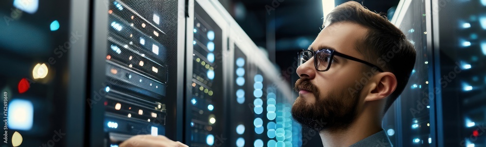 Poster man standing in front of server in data center generative ai