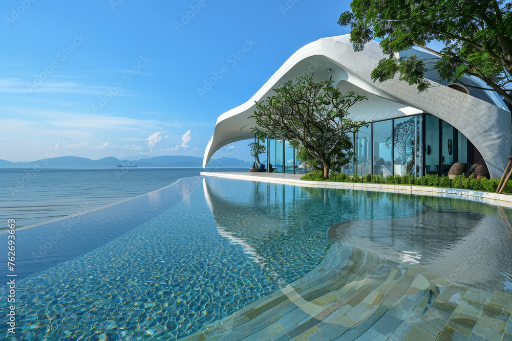 Poster A luxurious beachfront villa with abstract architecture, its infinity pool blending seamlessly with the azure sea in the background