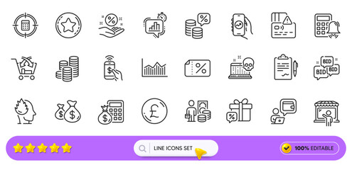 Calculator target, Loyalty star and Calculator alarm line icons for web app. Pack of Card, Stress, Wallet pictogram icons. Money tax, Money diagram, Coins signs. Loan percent, Clipboard. Vector