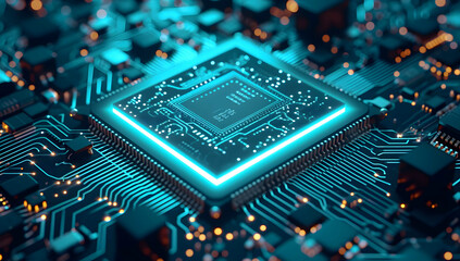 closeup of an advanced GPU ram microchip or cpu of a powerful computer board for artificial intelligence technology as wide banner design with copy space area futuristic background, generative ai - obrazy, fototapety, plakaty