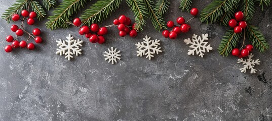 Festive christmas background with spruce branch and snowflakes frame for text space