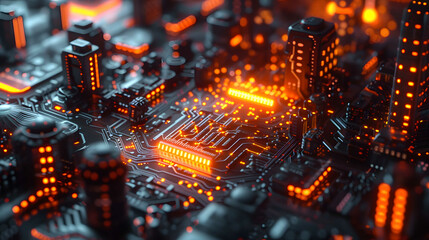 Abstract high-tech background, 3D rendering of technological circuits and chips - obrazy, fototapety, plakaty