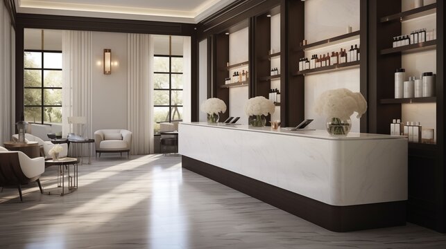 Luxury spa reception area with white Carrera marble and oil-rubbed bronze trim.