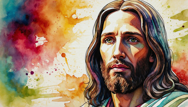 Traditional image of Jesus Christ, rendered in vibrant watercolor style with bold and dynamic colors. With space for copy