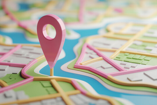 Pink location pin with a blue center stands prominently on a stylized map, marking a specific point of interest beside a representation of blue water, with streets and buildings surrounding the area.