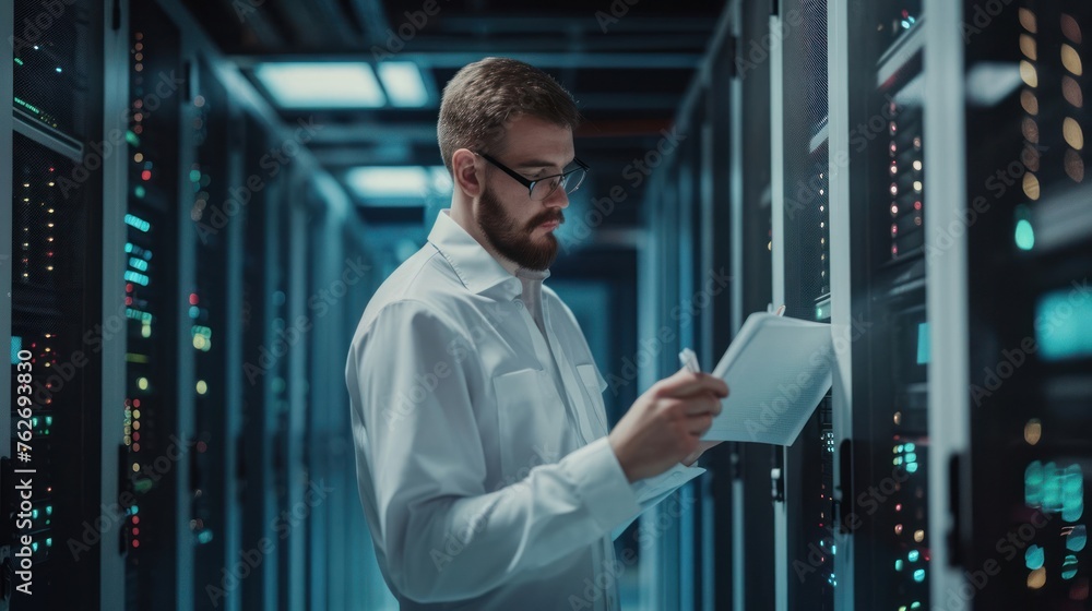 Poster man reviewing document in server room generative ai
