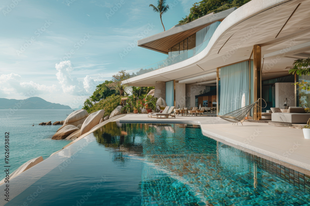 Poster a luxurious beachfront villa with abstract architecture, its infinity pool blending seamlessly with 