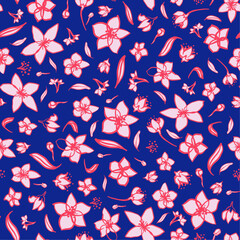 Hand drawn flowers with leaves seamless repeat pattern on blue background. Random placed, vector botanical aop, all over print.