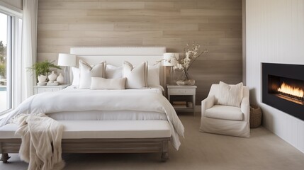 Fototapeta na wymiar Master bedroom featuring white bedding and driftwood accent wall paneling.