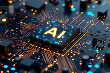 Word AI is situated on chip on a circuit board - obrazy, fototapety, plakaty