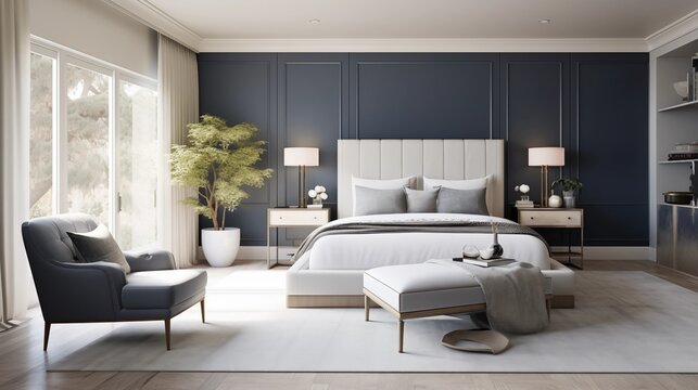 Master bedroom in crisp whites with smoky blue-gray upholstered accent wall.