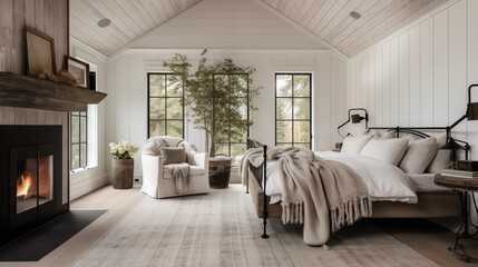 Master bedroom with whitewashed planked ceilings and black iron bed frame.