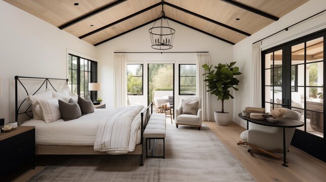 Master bedroom with whitewashed planked ceilings and black iron bed frame.