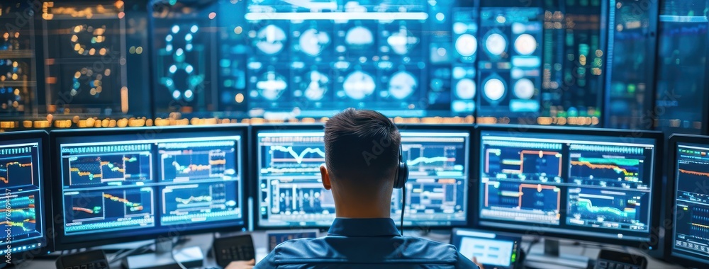 Poster man sitting at desk with multiple computer monitors generative ai