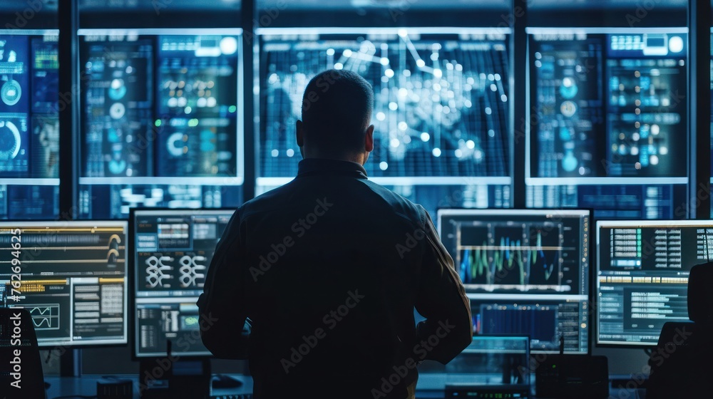 Poster man standing in front of multiple computer monitors generative ai