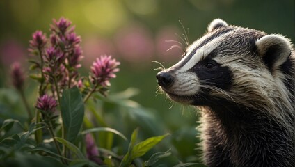 Obraz premium A beautiful badger is captured among blooming purple flowers during golden hour, evoking a sense of tranquility and harmony