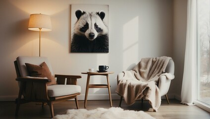 Spacious modern interior design featuring a large framed badger portrait, showcasing minimalism and style