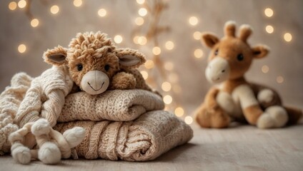 A charming scene with a sheep plush toy and giraffe companion lying atop knitted fabric with warm bokeh lights