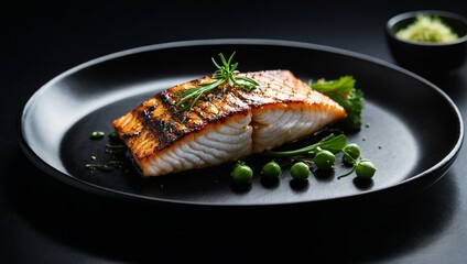 Deliciously grilled salmon fillet with peas, rosemary, and garnishes presented on a dark elegant plate with a side of wasabi