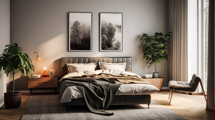 A bedroom with a large bed, a nightstand, and a chair. The bed is covered in a blanket and there are two potted plants in the room. The room has a modern and cozy feel