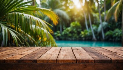 Empty wooden deck table with tropical forest background, perfect for product display