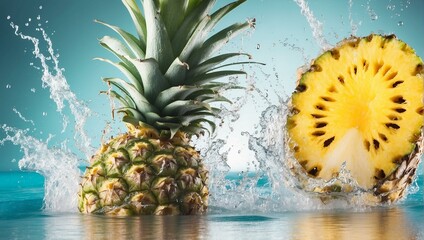 Vibrant and dynamic image of a ripe pineapple being splashed with water against a teal blue background, symbolizing freshness and natural energy