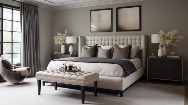Master suite in soft greiges and black leather upholstered headboard wall.