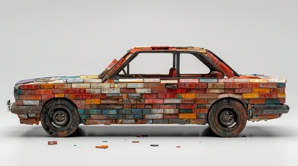 An old car made of bricks stands on a white background. 3d illustration