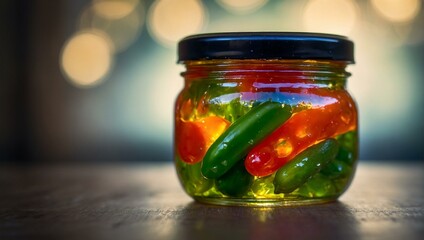 A clear glass jar filled with green pickled chili peppers against a soft bokeh light background on a wooden surface