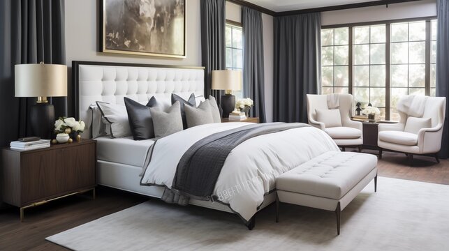 Master suite with eggshell white bedding and deep charcoal gray upholstered bed.