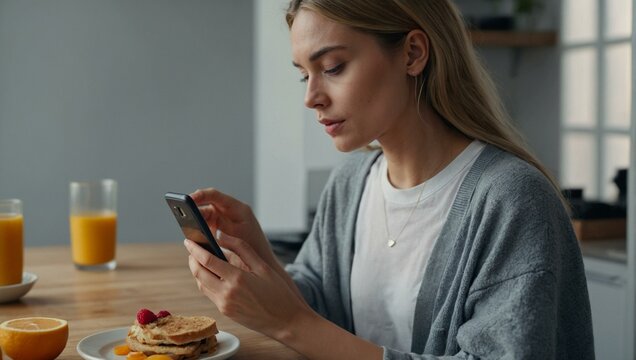 A contemporary scene of a woman focused on her phone while having breakfast with juice and pancakes