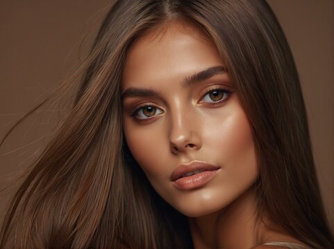 The image showcases a woman with earthy makeup tones, exuding warmth, elegance, and natural beauty