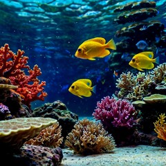 Naklejka na ściany i meble Beautiful, bright fish swimming among corals in clear water.