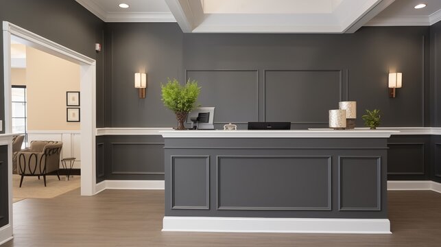 Medical office reception with white wainscot and charcoal gray built-in millwork.