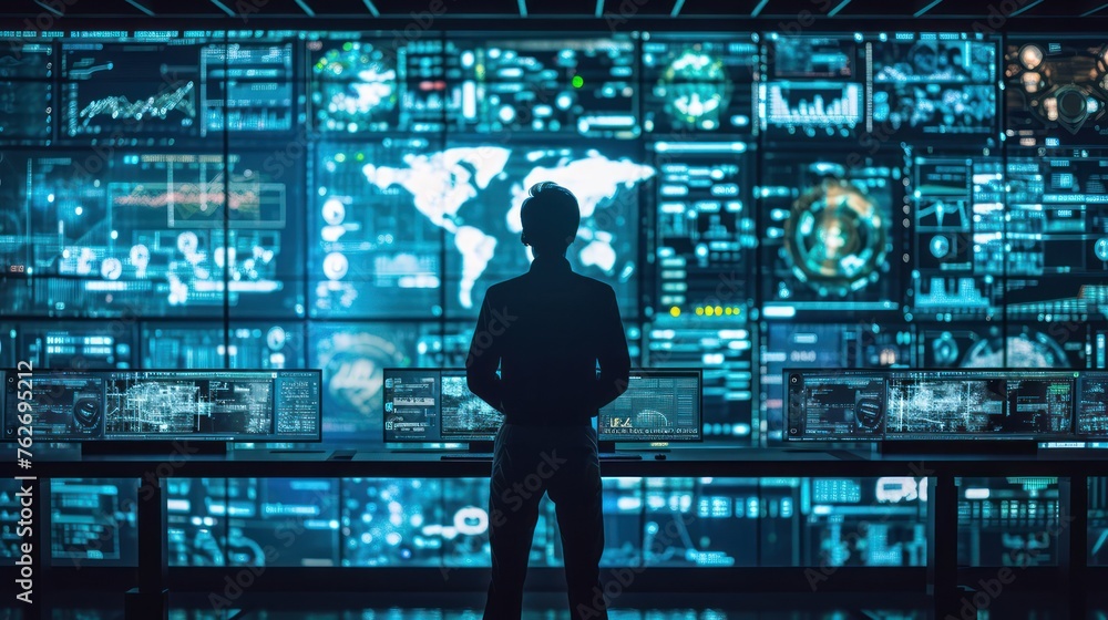 Poster man standing in front of wall of monitors generative ai