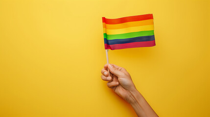 hand waiving rainbow flag against yellows  color background - obrazy, fototapety, plakaty