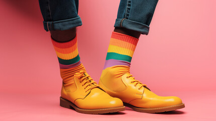 photo of Afro American person legs dressed in rainbow flag socks and yellow keds against pink background,