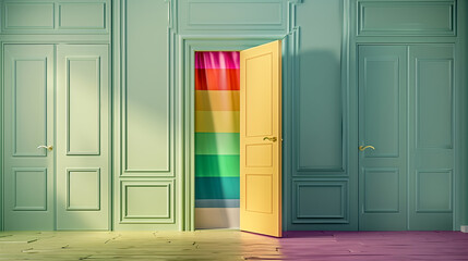 gay pride flag  in a closet, on a olive pale green background
