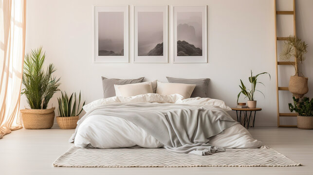 A bedroom with a white bed, a white wall, and a white rug. The bed is covered with a gray blanket and pillows. There are three pictures on the wall, and a potted plant is on the nightstand