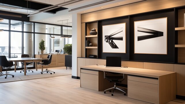 Modern corporate office with white oak and matte black trim and custom millwork.